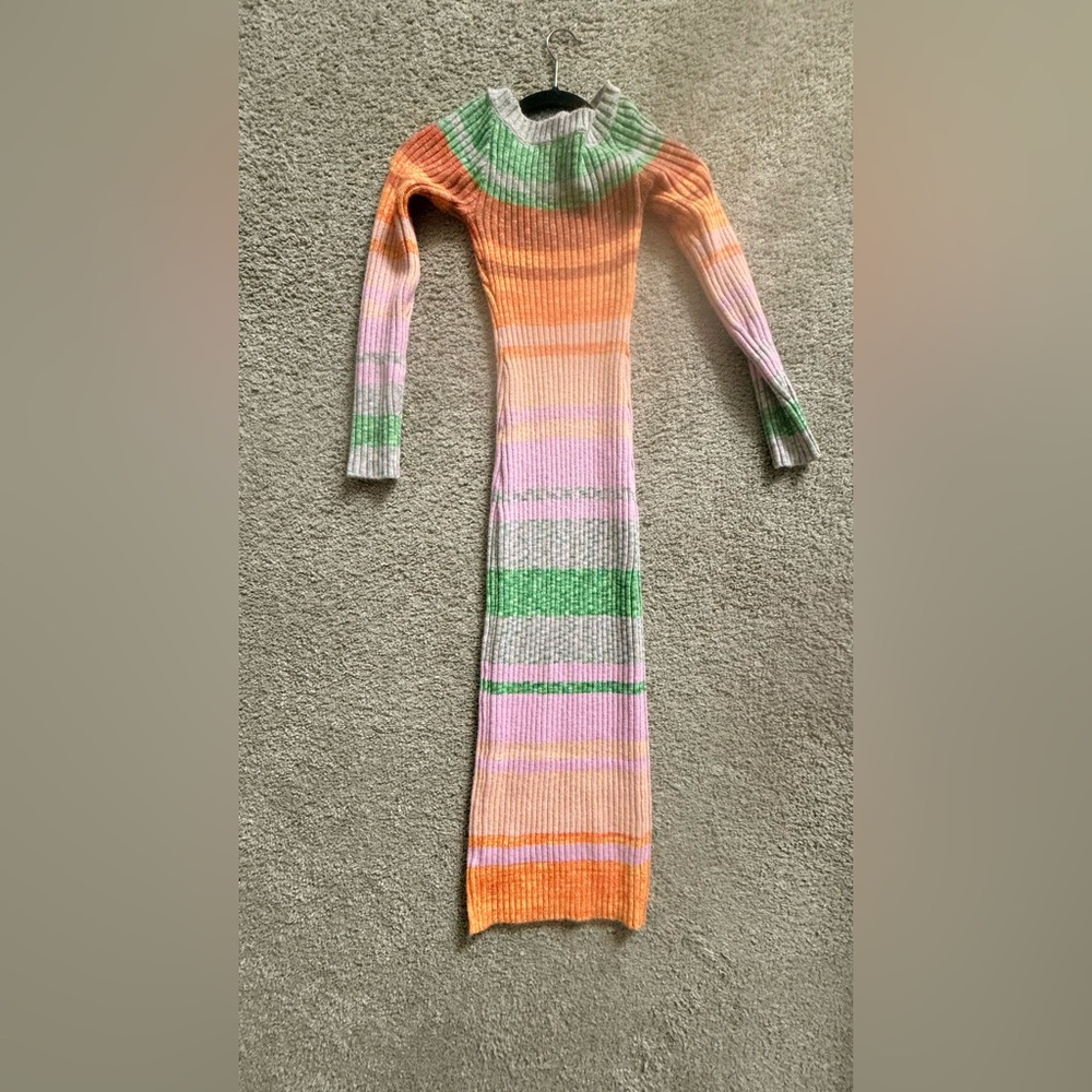 Spring Pattern Off Shoulder Ribbed Striped Long Sleeve Knit Maxi Dress - Picture 2 of 4